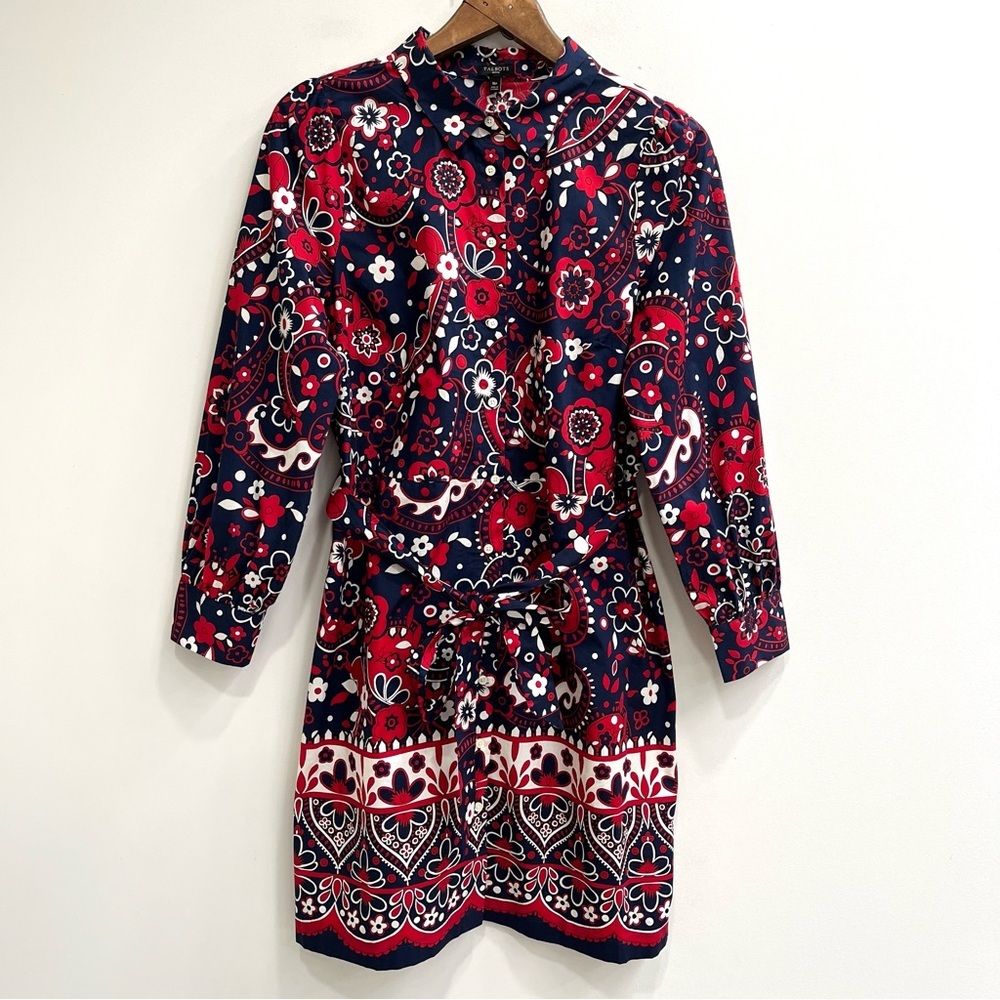Talbots Picnic Paisley Poplin Shirtdress Navy Blue Red Belted Long Sleeve 16P - Picture 2 of 13